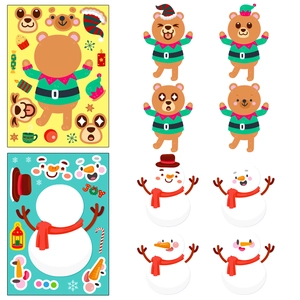DIY Christmas stickers for kids featuring bear and snowman styles with colorful accessories