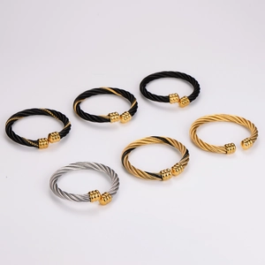 Adjustable twisted steel cable wire open bangle bracelets in gold and silver plating