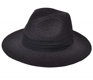 Detail of the fine weave and black satin ribbon on a black wide-brim straw fedora sun hat