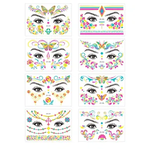 Neon UV reactive temporary face tattoos set with 8 designs for festivals and clubbing