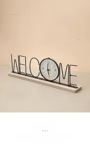 Creative iron WELCOME desk clock with wooden base for minimalist home decoration