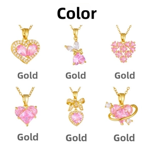 Collage of six heart-shaped pendants with pink zircons and gold-plated bow details