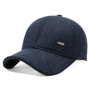 Thick navy blue wool baseball cap for seniors with side metal SPORT emblem detail