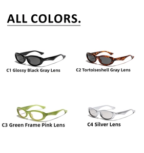 Showcase of four Y2K sunglasses colors with futuristic oval frames and metal temple details