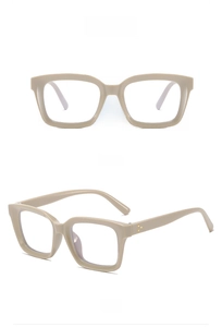 Detailed front and 45-degree side views of stylish milk coffee square eyeglass frames