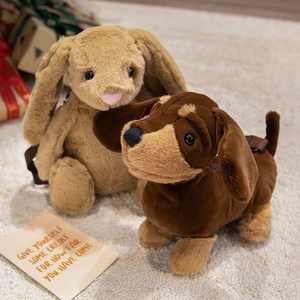 Cute plush dachshund and bunny backpacks made of soft brown faux fur for children
