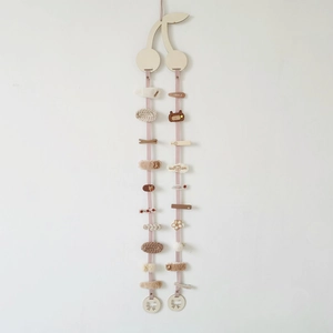Wooden cherry wall hanging organizer for hair clips with pink ribbons and wood charms