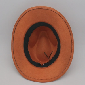 Burnt orange suede fedora interior with black sweatband and adjustable drawstring