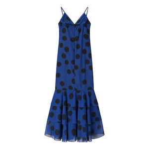 Blue polka dot chiffon maxi dress with ruffled hem and slim fit back view