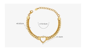 Detailed size map of gold Cuban link heart bracelet with 0.65cm width and 15+5cm length