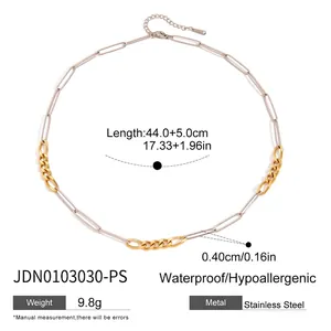 Detail showing two-tone 18K gold and silver stainless steel mixed link chain with dimensions