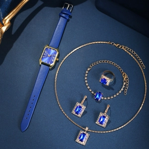 Detailed set featuring blue square gemstone watch with matching jewelry set for women