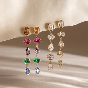 Classic gold stainless steel drop earrings with multi-color and white cubic zirconia