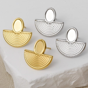 Retro Fan Shaped Oval Stud Earrings 304 Stainless Steel Geometric Textured Vintage Gold Silver Tone High End Jewelry For Women
