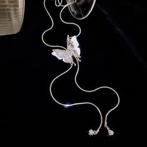 Elegant adjustable butterfly tassel necklace with silver snake chain and pearl pendant