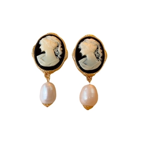 French vintage relief portrait earrings with gold trim and oval pearl pendants