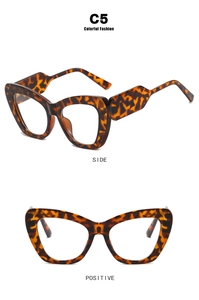 Macro shot of tortoiseshell cat-eye frames showing side and front view with C5 finish