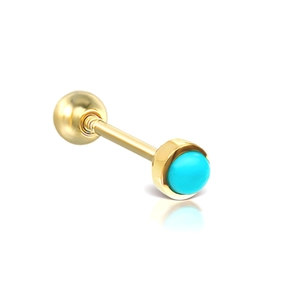 Detailed view of sterling silver gold-plated piercing stud with turquoise stone