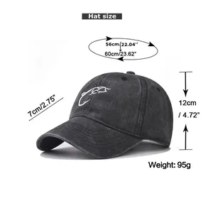 Size chart for washed cotton baseball cap with dimensions for head, brim and depth