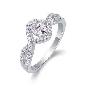 Close-up of oval cut moissanite ring with twisted band in 925 sterling silver