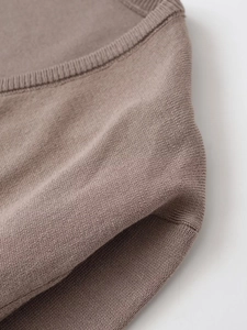 Macro view of mocha v-neck knit top showing delicate lace trim and fine fabric texture