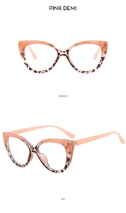 Pink demi cat-eye TR90 frames shown in positive and side views on a white background
