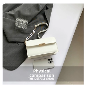 Detail view of white rectangular crossbody bag with gold metal snap and elegant chain strap