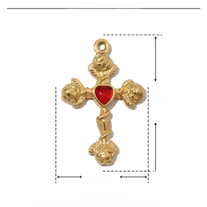 Detailed size specifications for gold cross pendant with rose relief and red resin stone