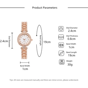 Detailed dimensions of rose gold women's watch with rhinestone dial and beaded strap
