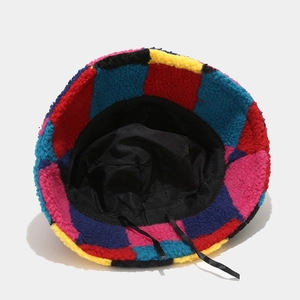 Colorful checkered lamb wool bucket hat with warm plush texture and inner drawstring