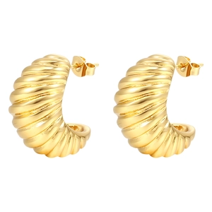 Elegant gold-tone twisted stainless steel hoop earrings for women with ribbed texture