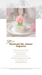 Detailed view of tulip bouquet scented candle in glass jar with soft pink flower petals