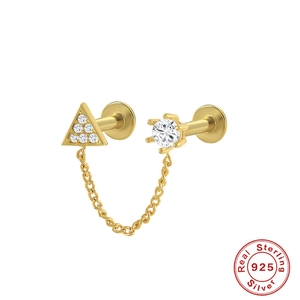 Detail of 925 sterling silver earring chain with triangle and round zirconia stones