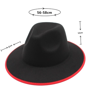 Detailed view of black wool fedora with red contrast binding and size dimensions