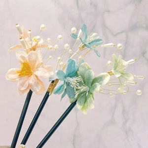 Pic À Cheveux Chinois En Bois Vintage Fleur En Tissu Künstliche Perle Imitation Gland Épingle À Cheveux Élégante Coiffe Florale Hanfu