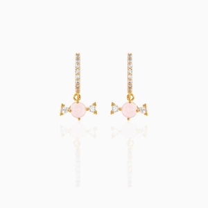 18K gold plated candy shaped earrings with pink bead and zircon accents on white background