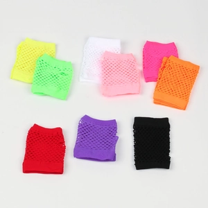 Flat lay of colorful fishnet fingerless gloves in nine vibrant neon colors for women
