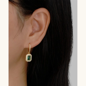 Luxurious S925 silver hoop earrings with emerald pendant and micro-pave crystals