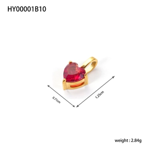 Detailed view of 1.25cm gold heart pendant with red cubic zirconia and dimensions