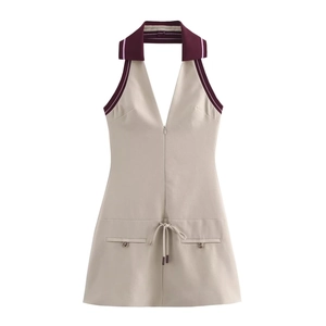 Abito Corto Halter Senza Maniche Scollo A V Profondo A Costine Bordo A Contrasto Schiena Scoperta Stile Preppy Cachi