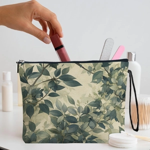 Green Leaf Print Makeup Bag Fine Linen Cosmetic Pouch With Zipper And Wrist Strap Travel Storage Organizer For Women
