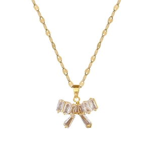 Titanium steel necklace featuring a crystal-encrusted bow pendant and unique chain links