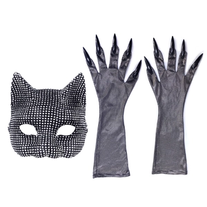 Sparkling rhinestone cat mask and claw glove set for Halloween cosplay party costumes
