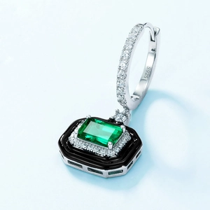 Vintage S925 silver emerald cut green gemstone drop earrings with black enamel border