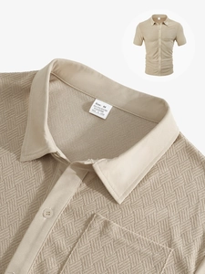 Detailed macro shot of polo collar and waffle jacquard fabric texture on beige men shirt
