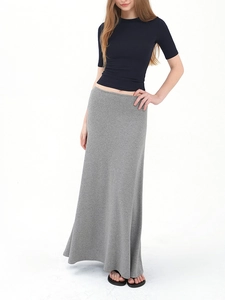 Slim fit grey high waist knit maxi skirt for women with elegant minimalist silhouette