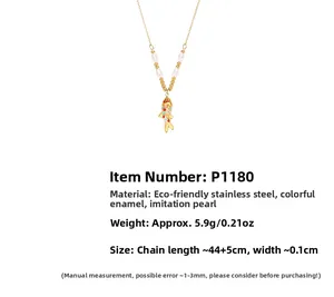 Detail view of colorful koi fish necklace with pearls and stainless steel chain dimensions