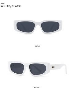 Front and 45-degree side view of vintage narrow white rectangular sunglasses with dark lenses