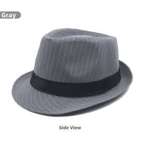 Detail of grey pinstripe fedora hat with elegant black ribbon and textured fabric