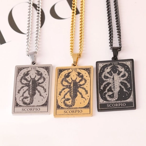 Three square Scorpio pendants in silver, gold, and black with tarot-style Roman numerals